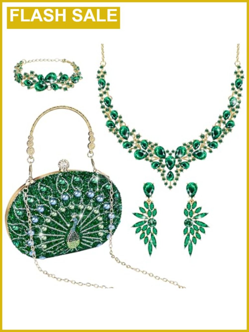Rhinestone Clutch Purse Necklace Earrings Bracelet Jewelry Set 4 Pc